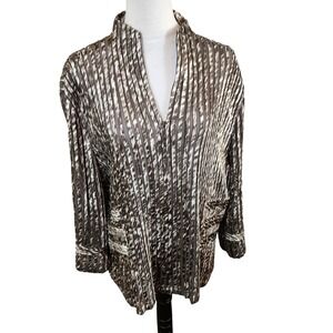 Chicos Womens XL Jacket Size 3 Brown Animal Print Pleated Long Sleeve Blouse Top
